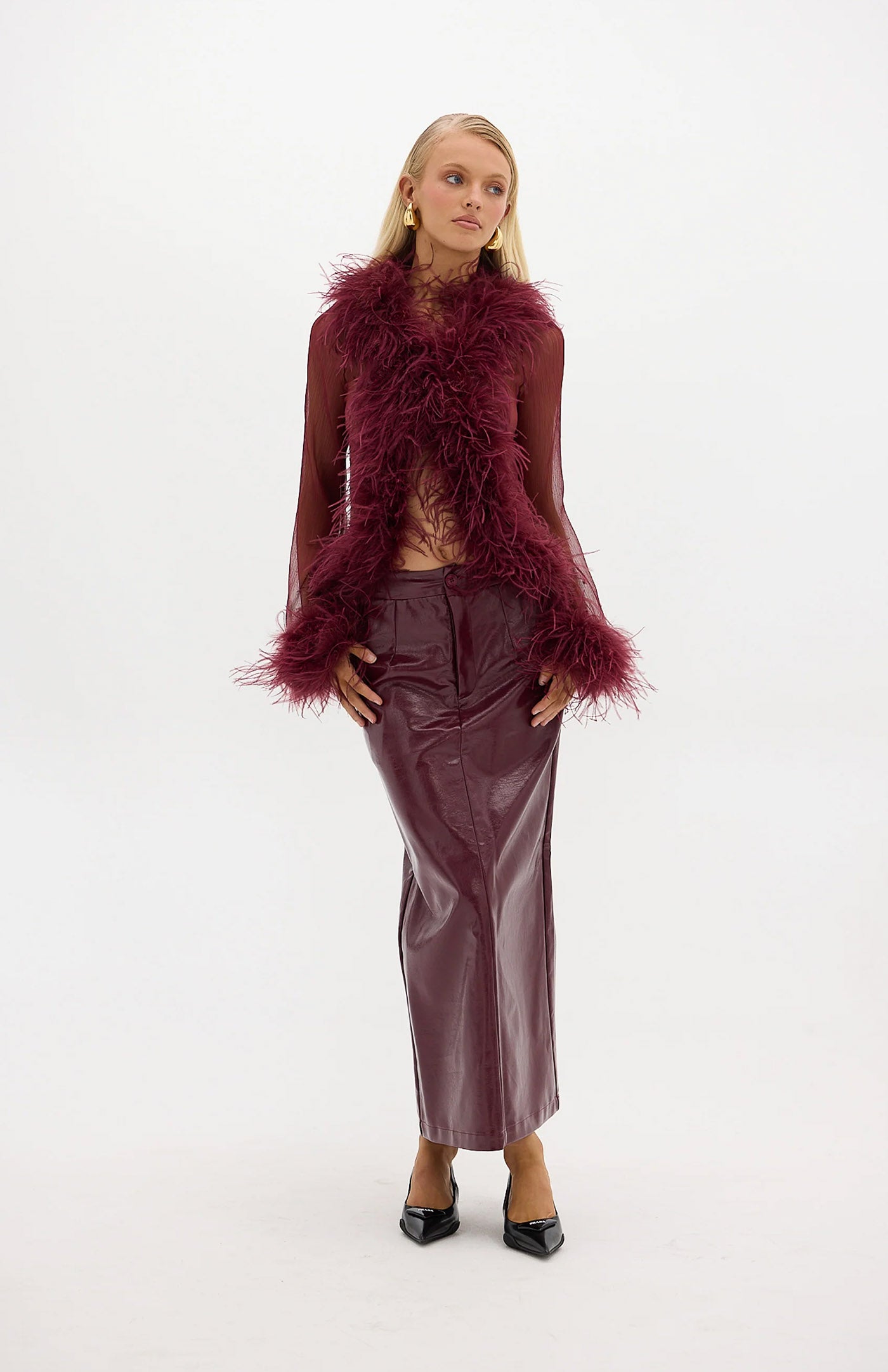 The Gaga Sheer Feather Cherry Blouse | Ostrich Feather Top