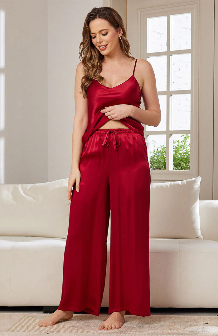 Blooming Red | Red Satin Camisole & Pants Loungewear Set