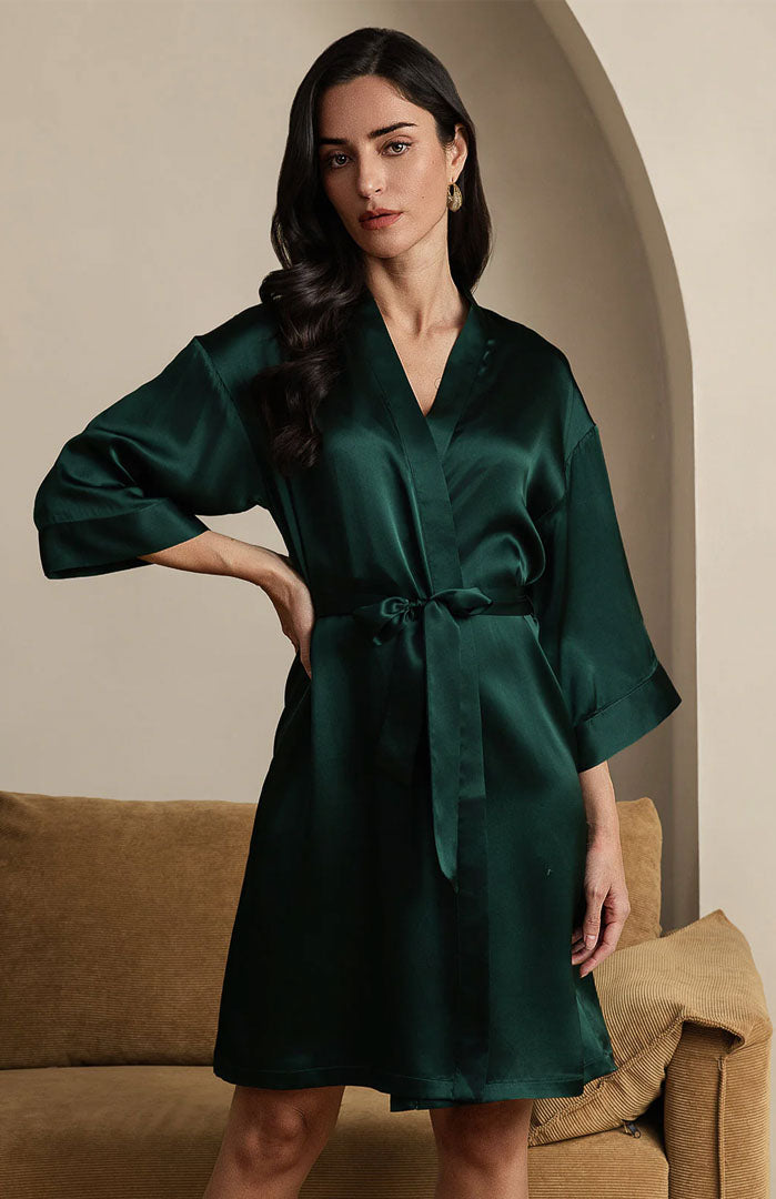 Forbidden Forest | Green Romantic Satin Robe for Women