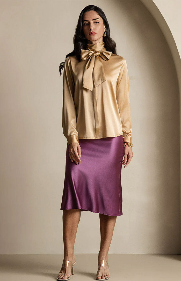 Golden Glory | Silky Satin Scarf Shirt for Women