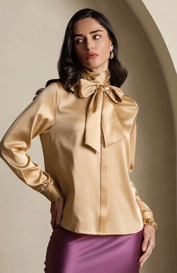 Golden Glory | Silky Satin Scarf Shirt for Women