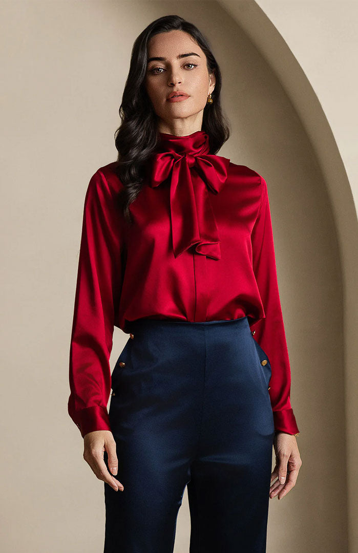Red Roar | Silky Satin Scarf Shirt for Women