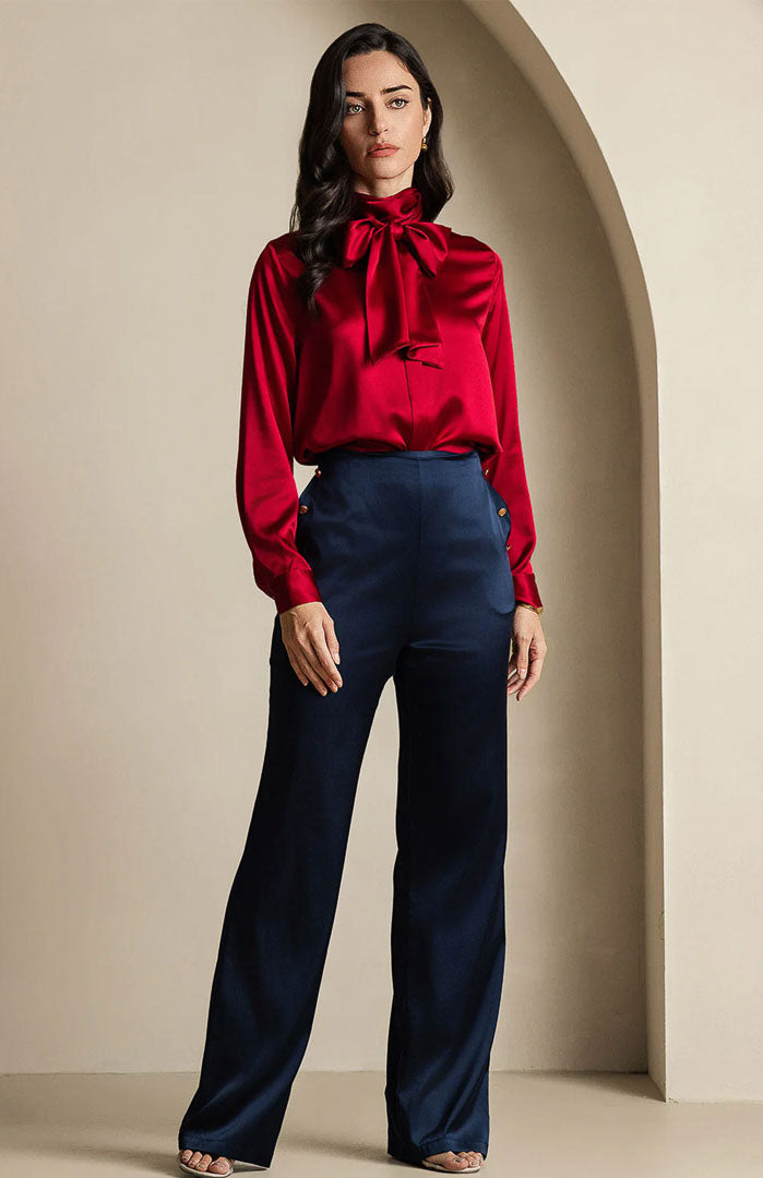 Red Roar | Silky Satin Scarf Shirt for Women