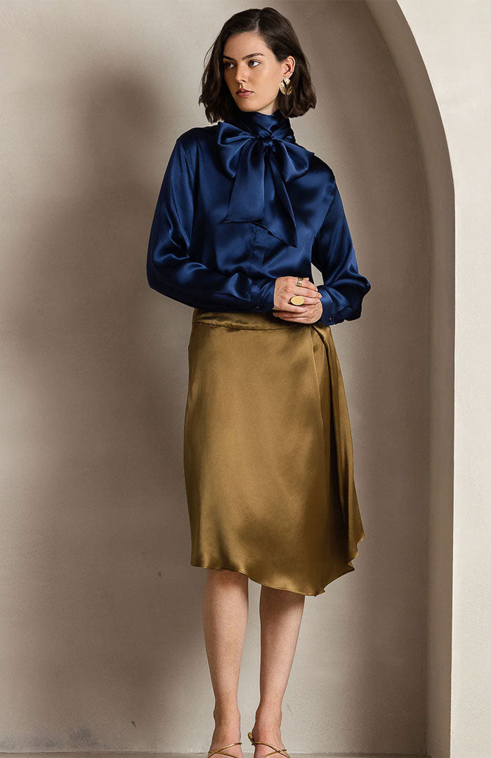 Eccentric Blue | Silky Satin Scarf Shirt for Women
