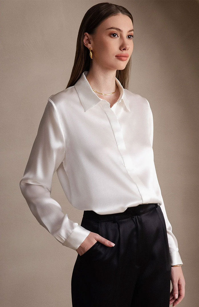 Pearl Poise | Classic White Satin Shirt