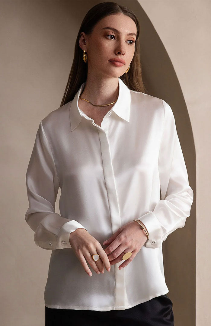 Pearl Poise | Classic White Satin Shirt