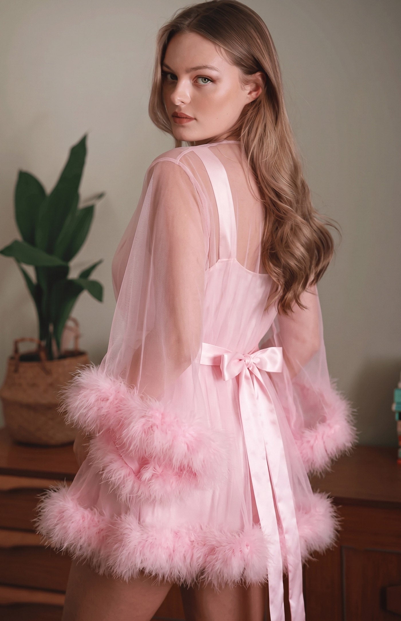 Fantasy Princess – Pink Fur-Trim Sheer Robe for Women
