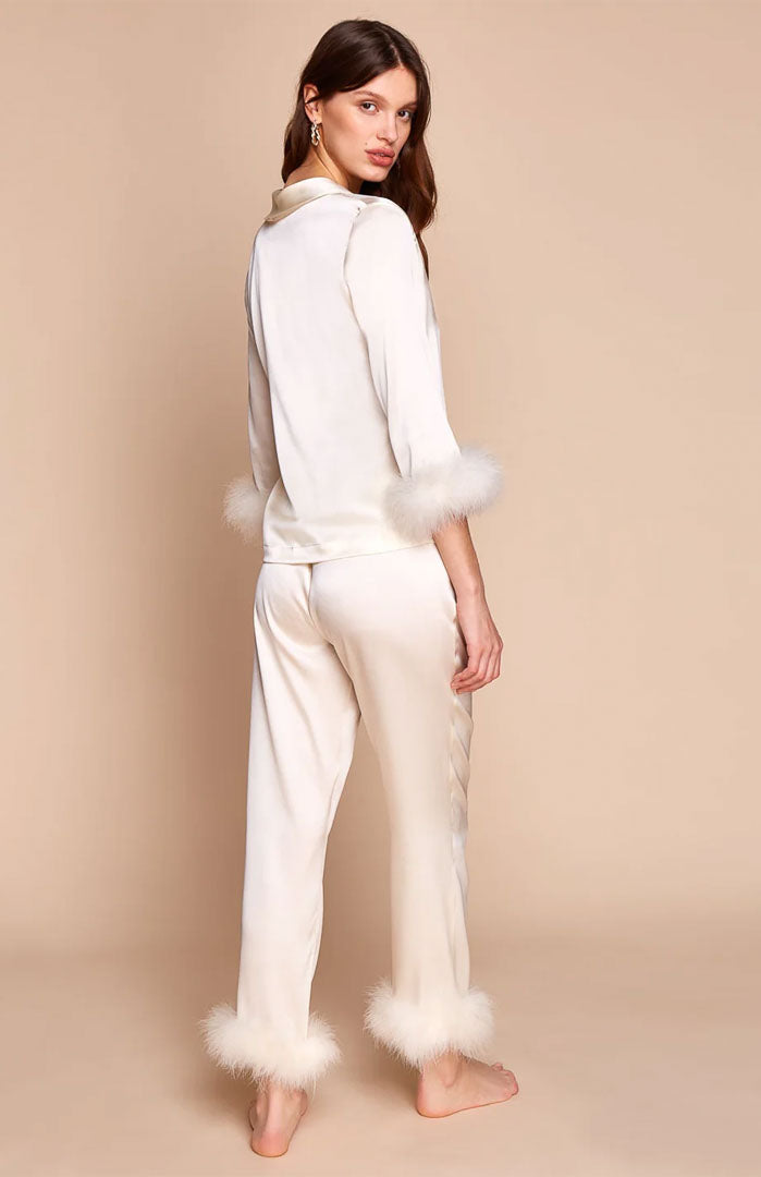 Ivory Allure – Satin Feather Trim Nightwear Set