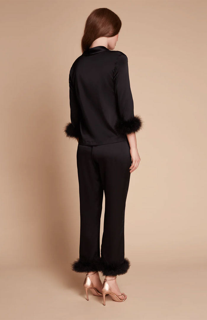 Black Obsession – Satin Feather Trim Nightwear Set