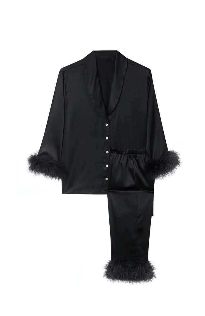 Black Obsession – Satin Feather Trim Nightwear Set