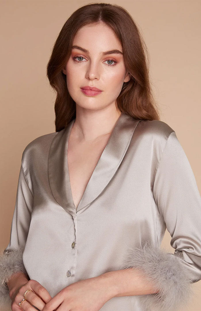 Silver Temptation – Satin Feather Trim Loungewear for Women