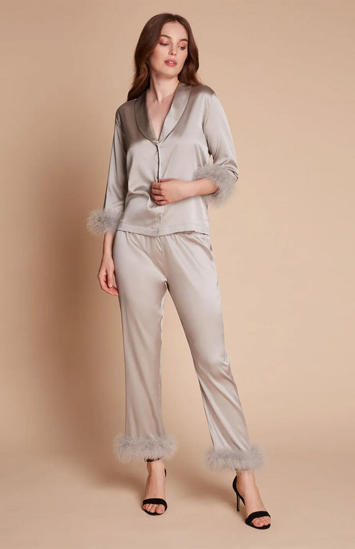 Silver Temptation – Satin Feather Trim Loungewear for Women