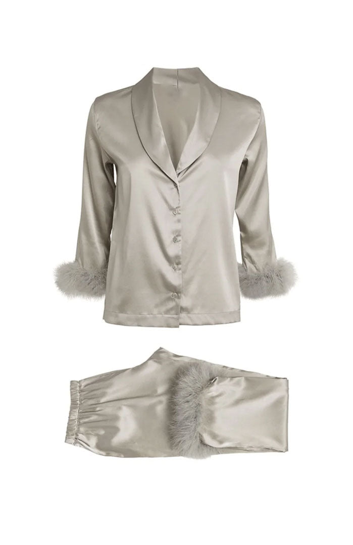 Silver Temptation – Satin Feather Trim Loungewear for Women