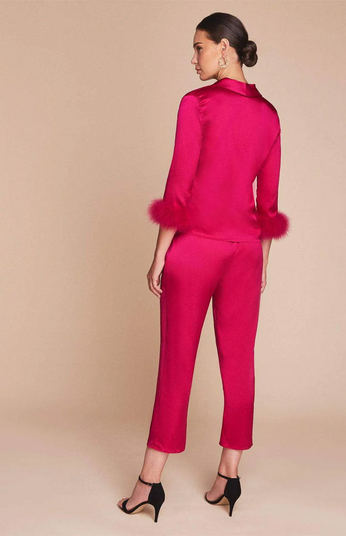 Pink Flame – Satin Feather-Trim Loungewear Co-ord Set for Women