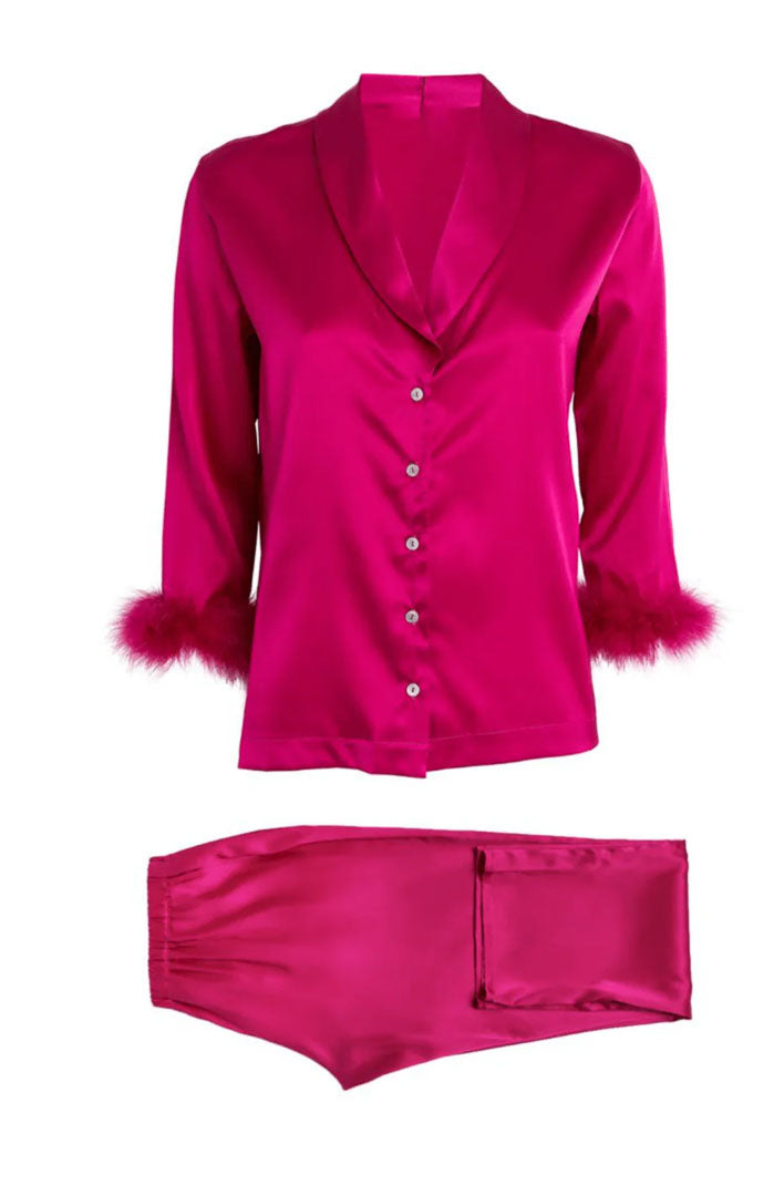 Pink Flame – Satin Feather-Trim Loungewear Co-ord Set for Women