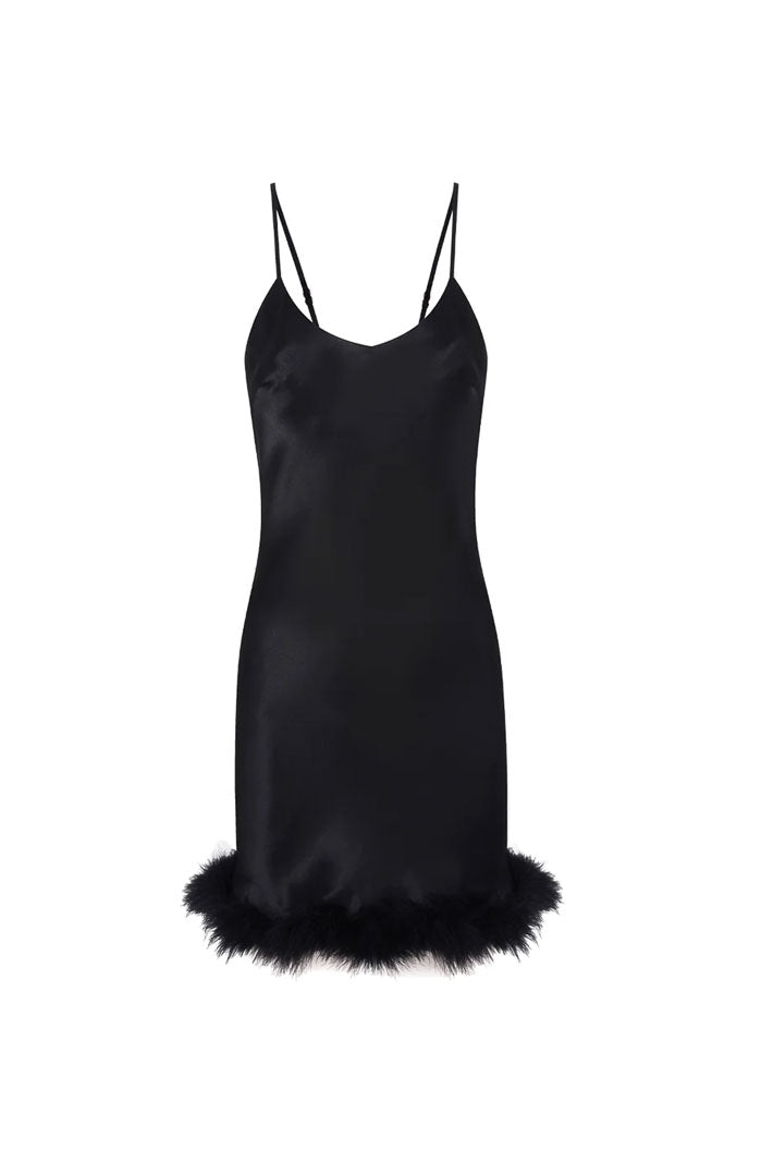Black Temptress – Satin Slip Dress with Feather for Women