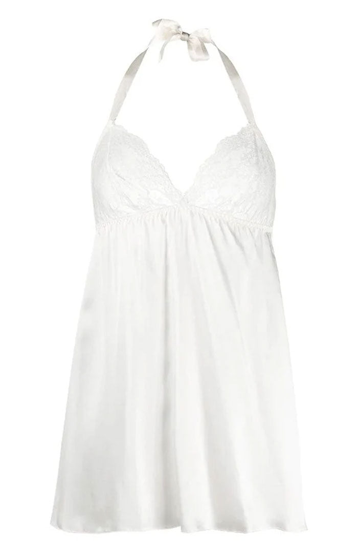 Eternal Vow – White Lace Halter Satin Babydoll Dress for Women