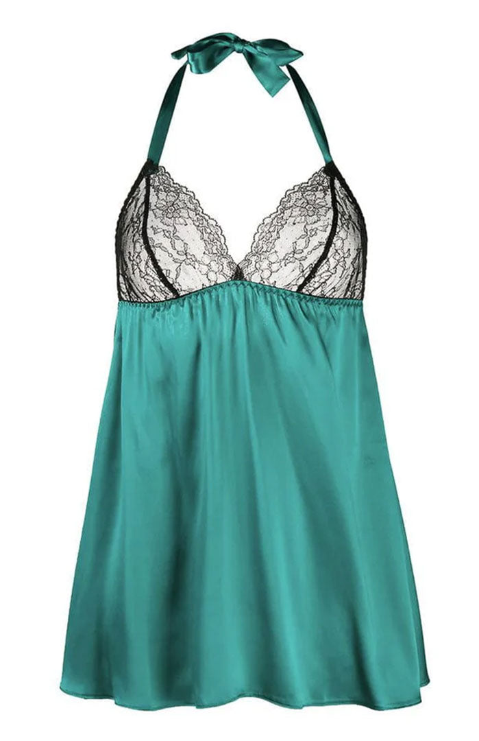 Emerald Envy – Lace Satin Babydoll Dress