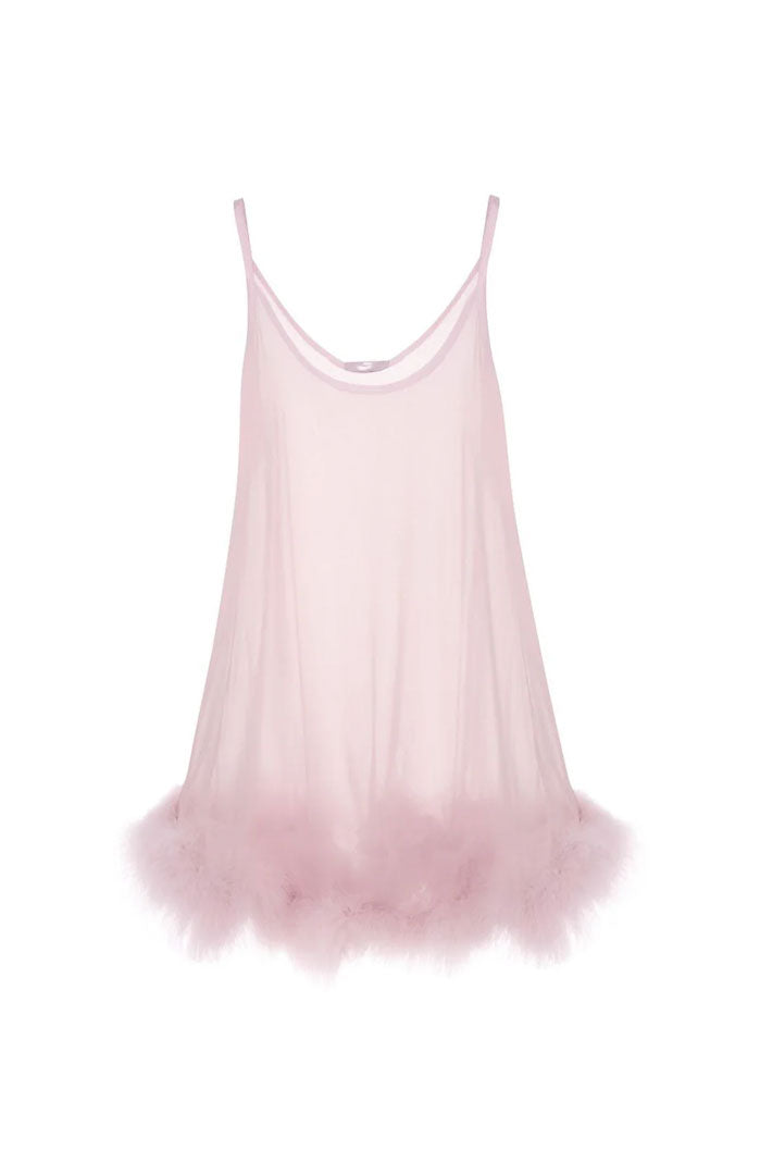 Blush Whisper – Baby Pink Feather-Trim Satin Babydoll Dress for Women