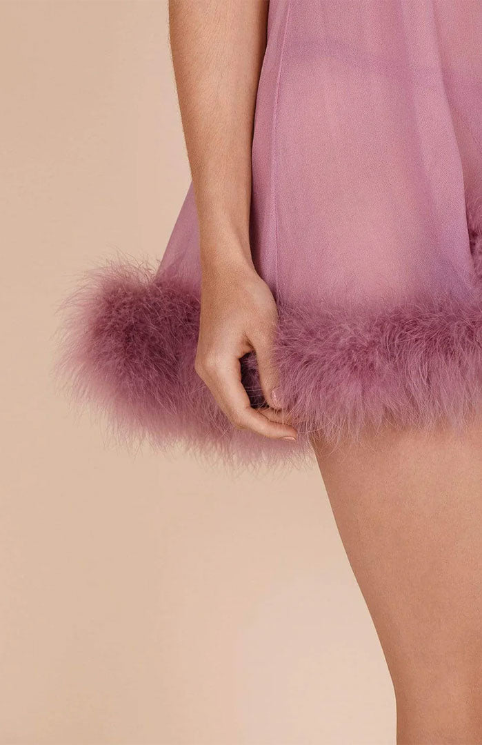 Rosé Desire – Blush Feather-Trim Satin Babydoll Dress for Women