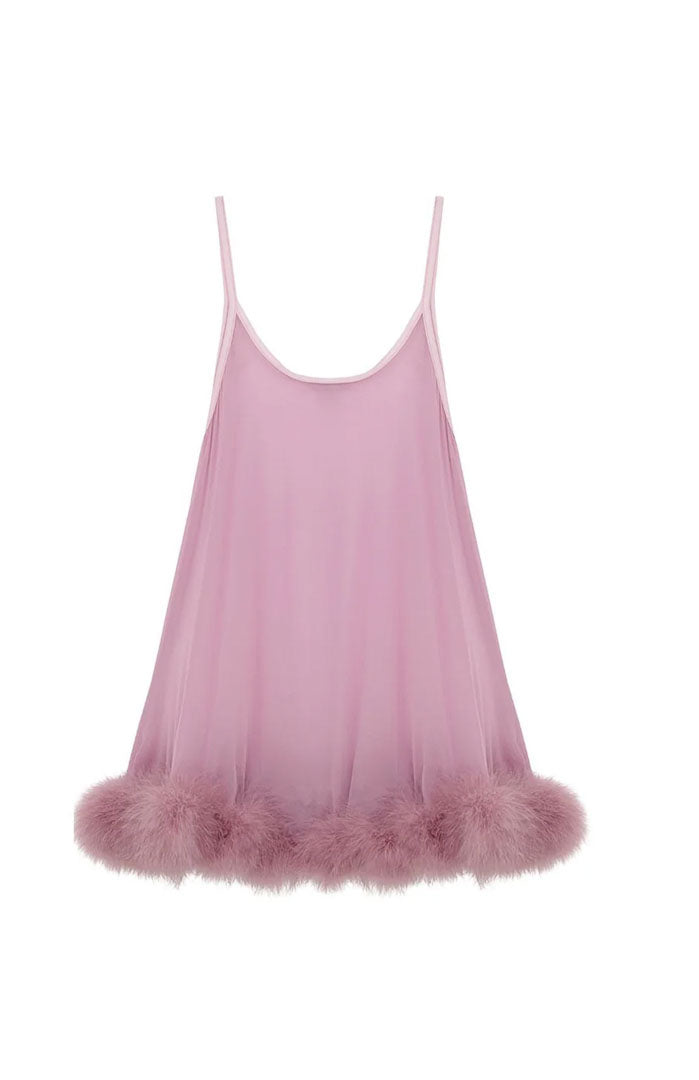 Rosé Desire – Blush Feather-Trim Satin Babydoll Dress for Women