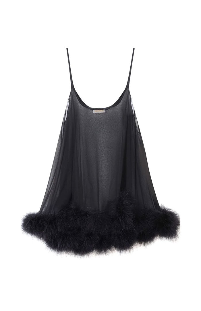 Midnight Temptation – Black Feather-Trim Satin Babydoll Dress for Women