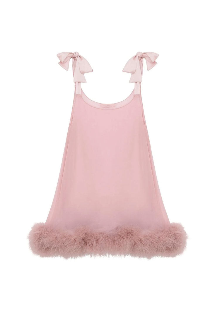 Pinkie Promise – Feather-Trim Satin Babydoll Dress for Women