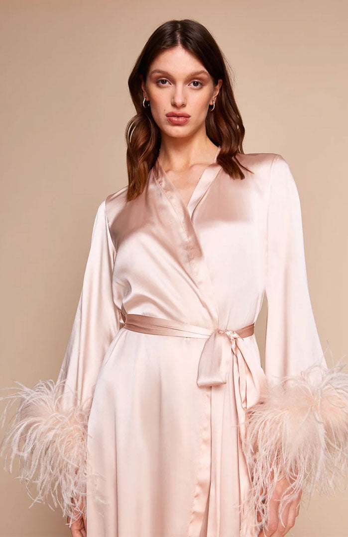 Private Hour – Feather-Trim Satin Long Robe for Women