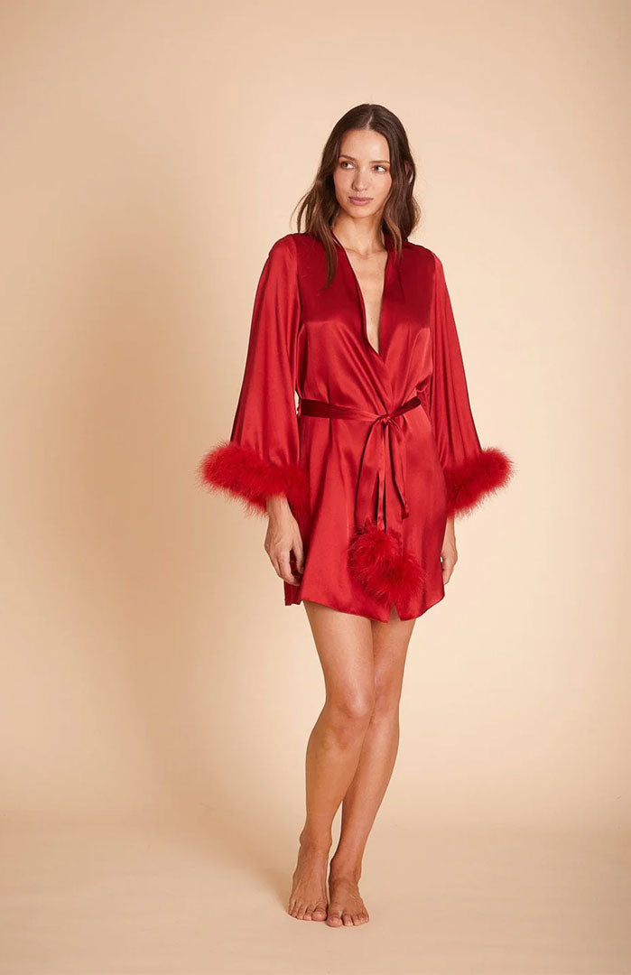 Red Mrs. | Feather-Trim Satin Robe for Women