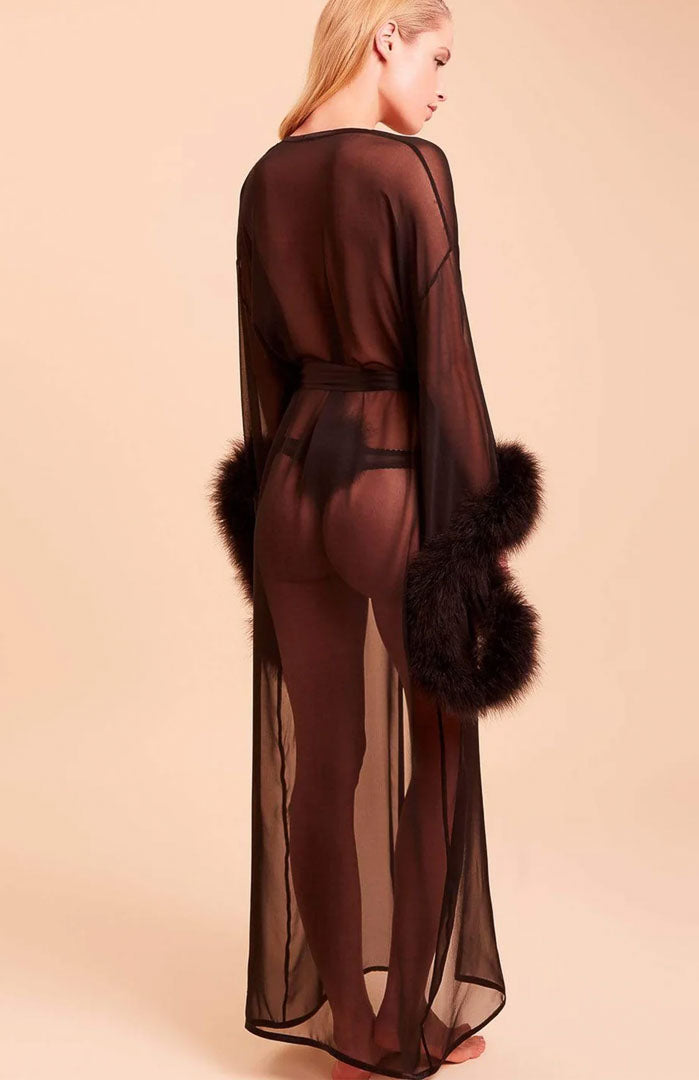 Midnight Obsession – Sheer Feather-Trim Long Robe for Women