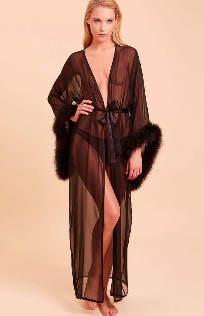 Midnight Obsession – Sheer Feather-Trim Long Robe for Women