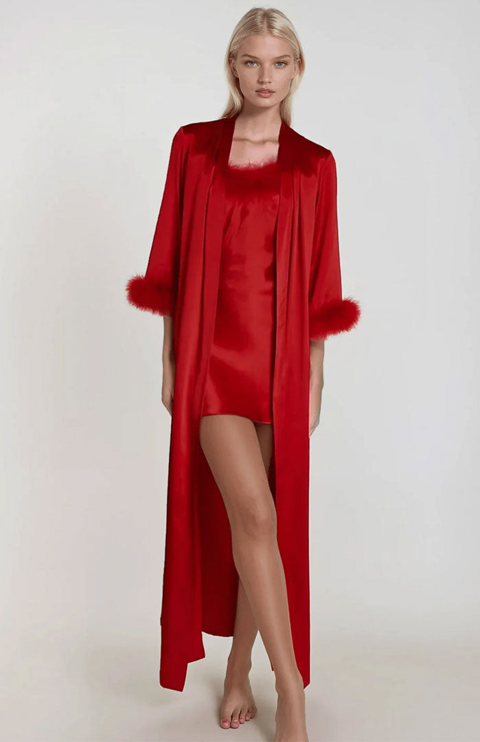Scarlet Seduction – Feather-Trim Long Satin Robe for Women