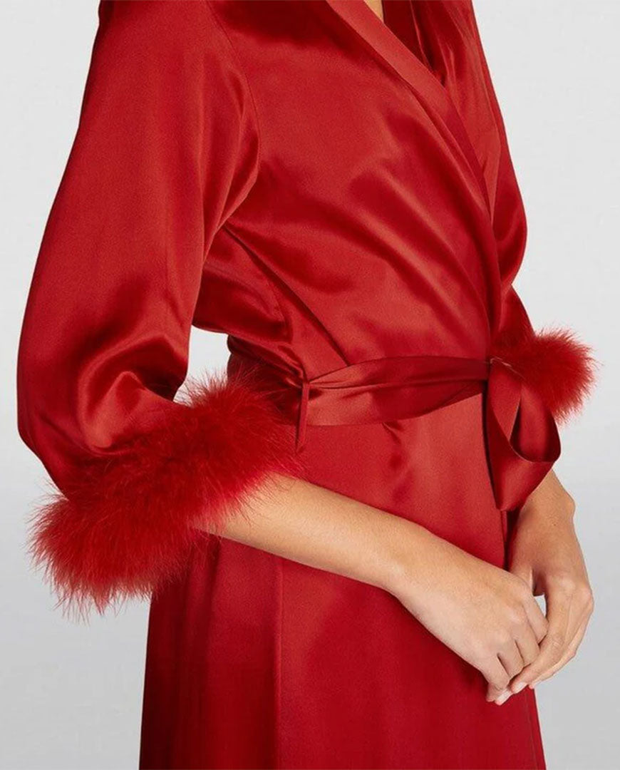 Scarlet Seduction – Feather-Trim Long Satin Robe for Women