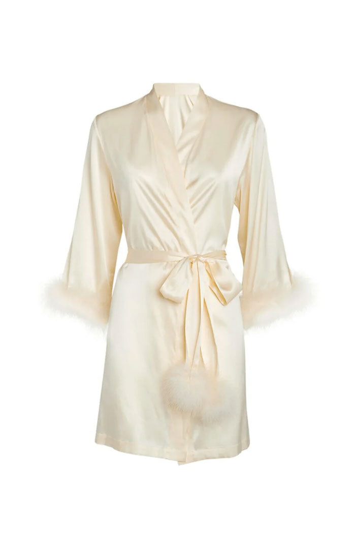 Ivory Allure – Feather-Trim Satin Robe for Women