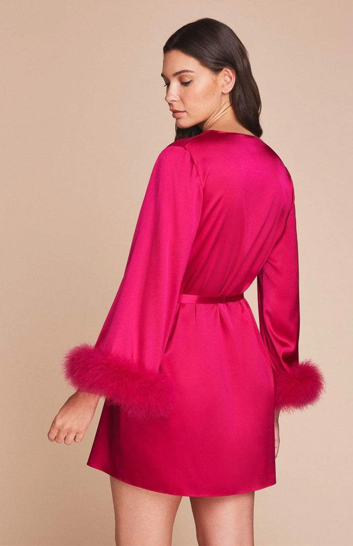 Crimson Desire | Feather-Trim Satin Robe for Women