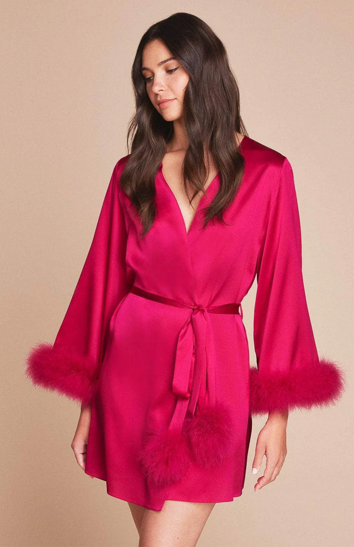 Crimson Desire | Feather-Trim Satin Robe for Women