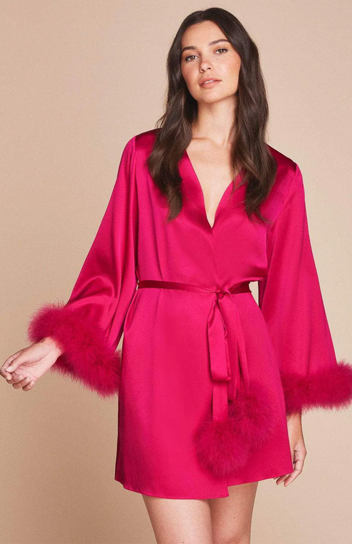 Crimson Desire | Feather-Trim Satin Robe for Women