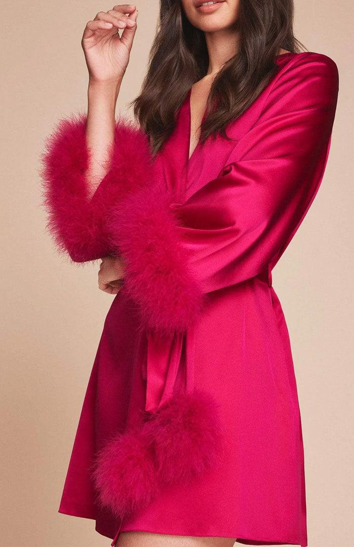 Crimson Desire | Feather-Trim Satin Robe for Women
