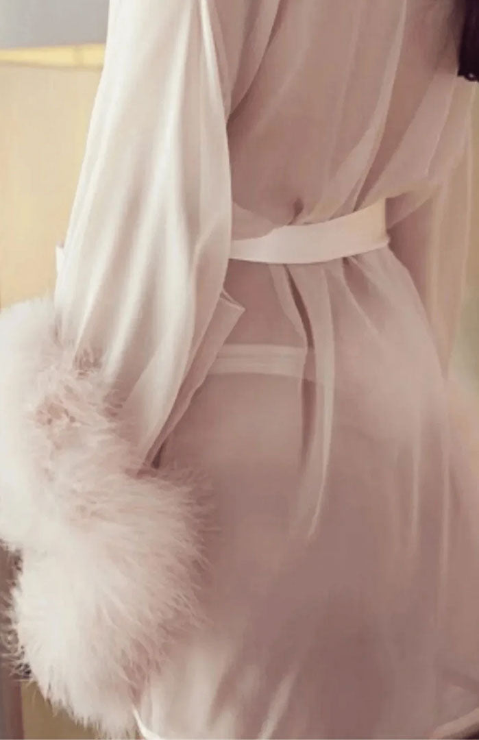 Blush Temptation – Sheer Feather-Trim Satin Robe for Women