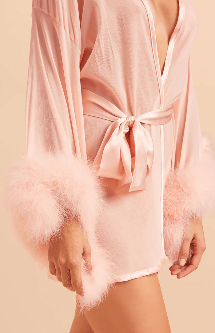 Blush Temptation – Sheer Feather-Trim Satin Robe for Women