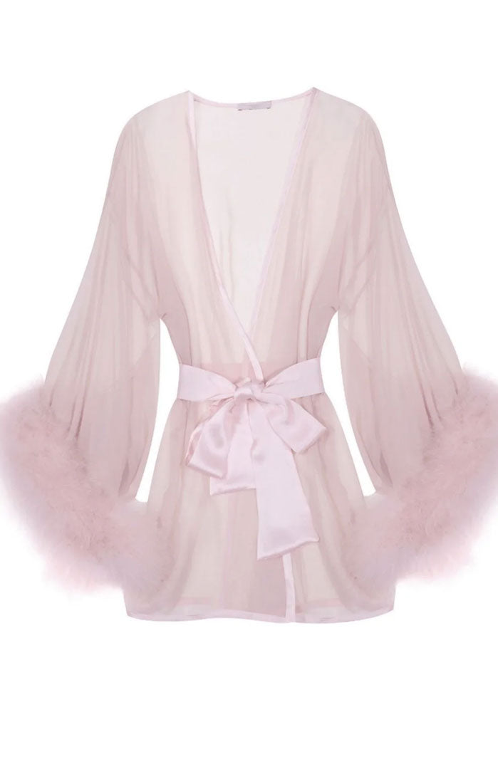 Blush Temptation – Sheer Feather-Trim Satin Robe for Women
