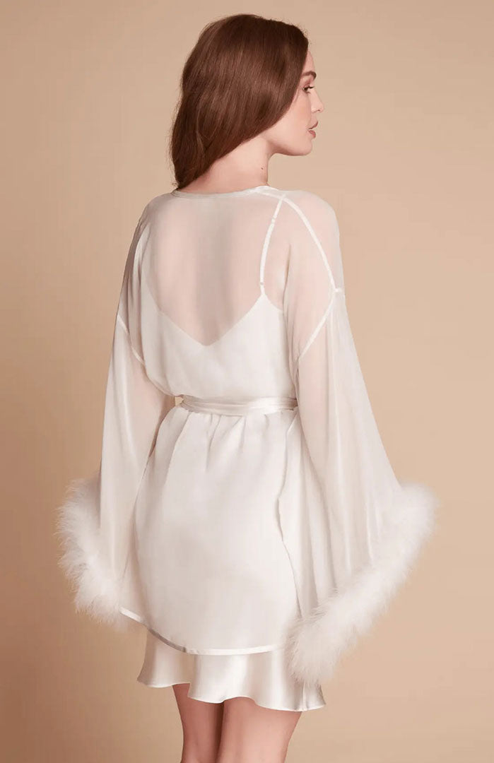 Ivory Temptation – Sheer Feather-Trim Satin Robe for Women