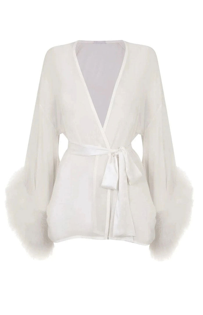 Ivory Temptation – Sheer Feather-Trim Satin Robe for Women