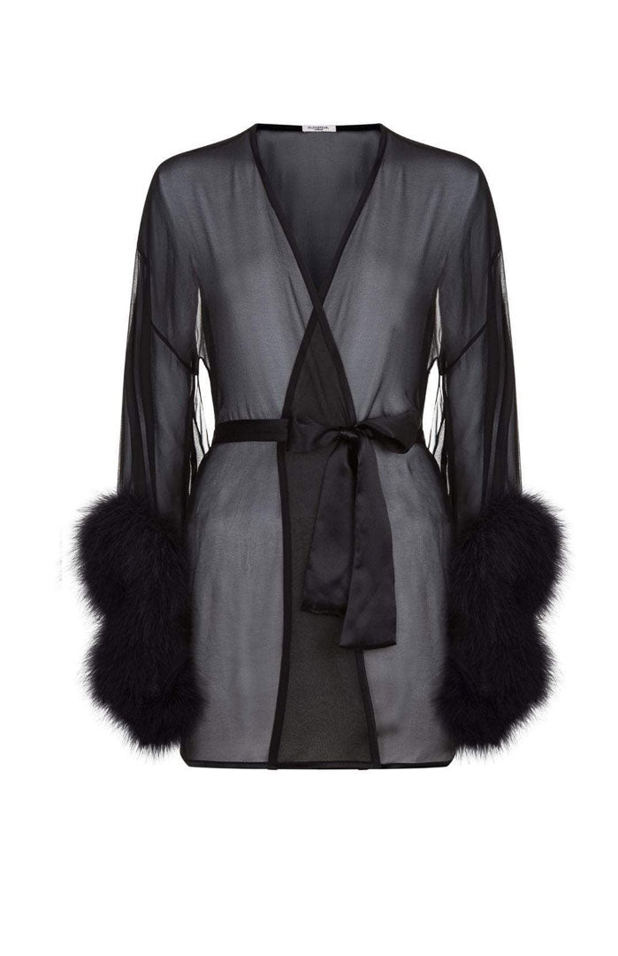 Afterglow – Sheer Feather-Trim Satin Robe for Women