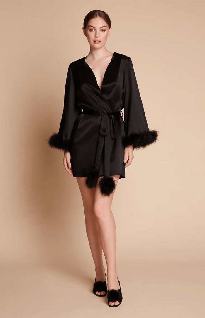 Midnight Seduction – Feather-Trim Satin Robe for Women