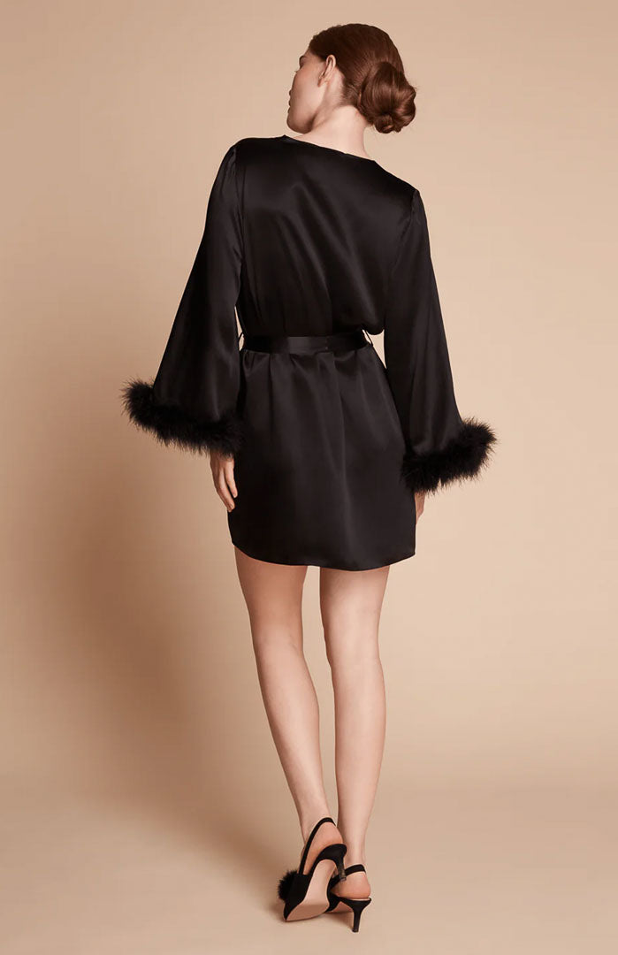 Midnight Seduction – Feather-Trim Satin Robe for Women
