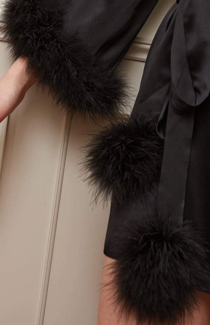 Midnight Seduction – Feather-Trim Satin Robe for Women