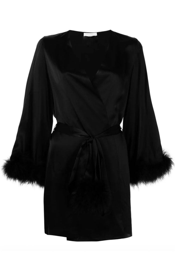 Midnight Seduction – Feather-Trim Satin Robe for Women