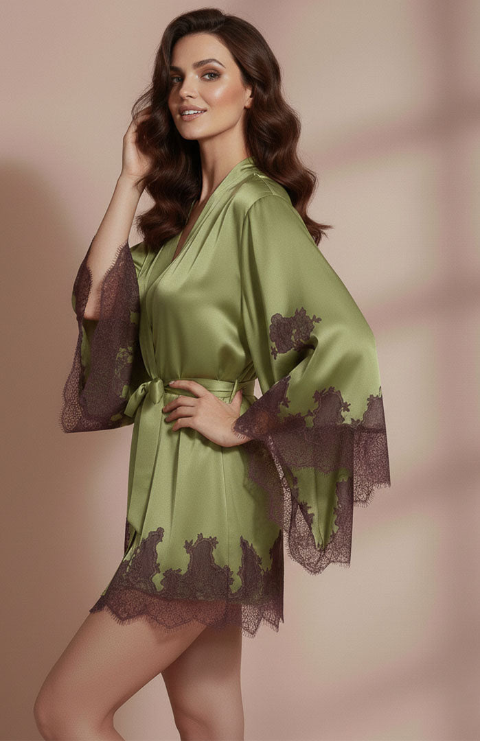 Emerald Desire – Olive Satin Lace Robe