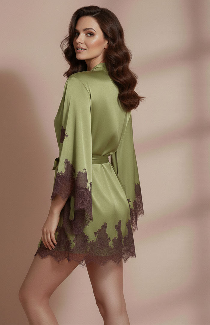 Emerald Desire – Olive Satin Lace Robe